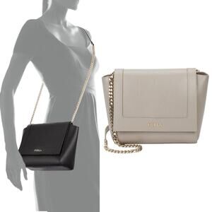 Furla Ginevra Leather Mini Crossbody Bag Sabbia Beige Gray Gold Chain